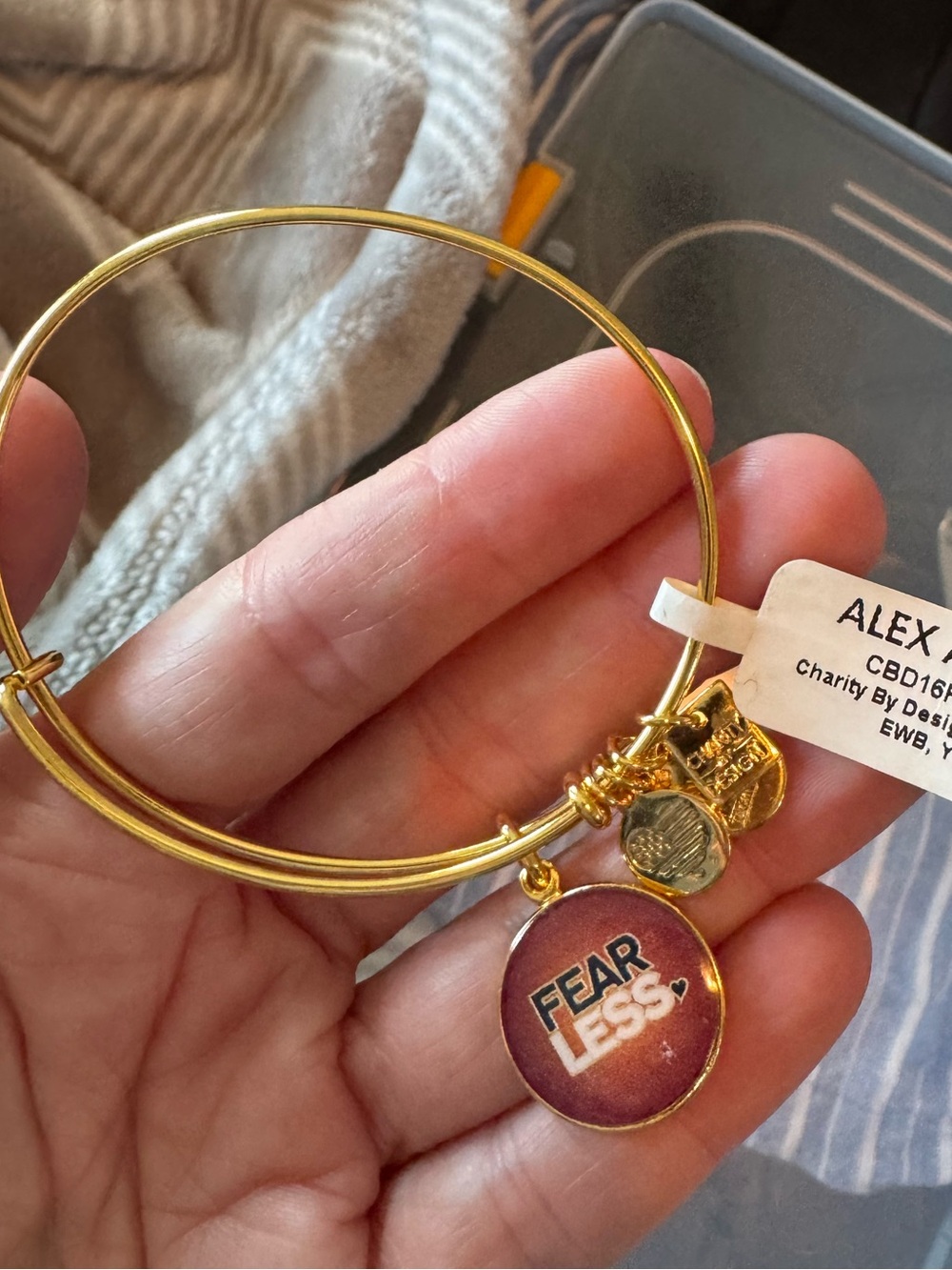 Alex and Ani Gold-Tone Fear Less Charm Bangle with Maroon Accent